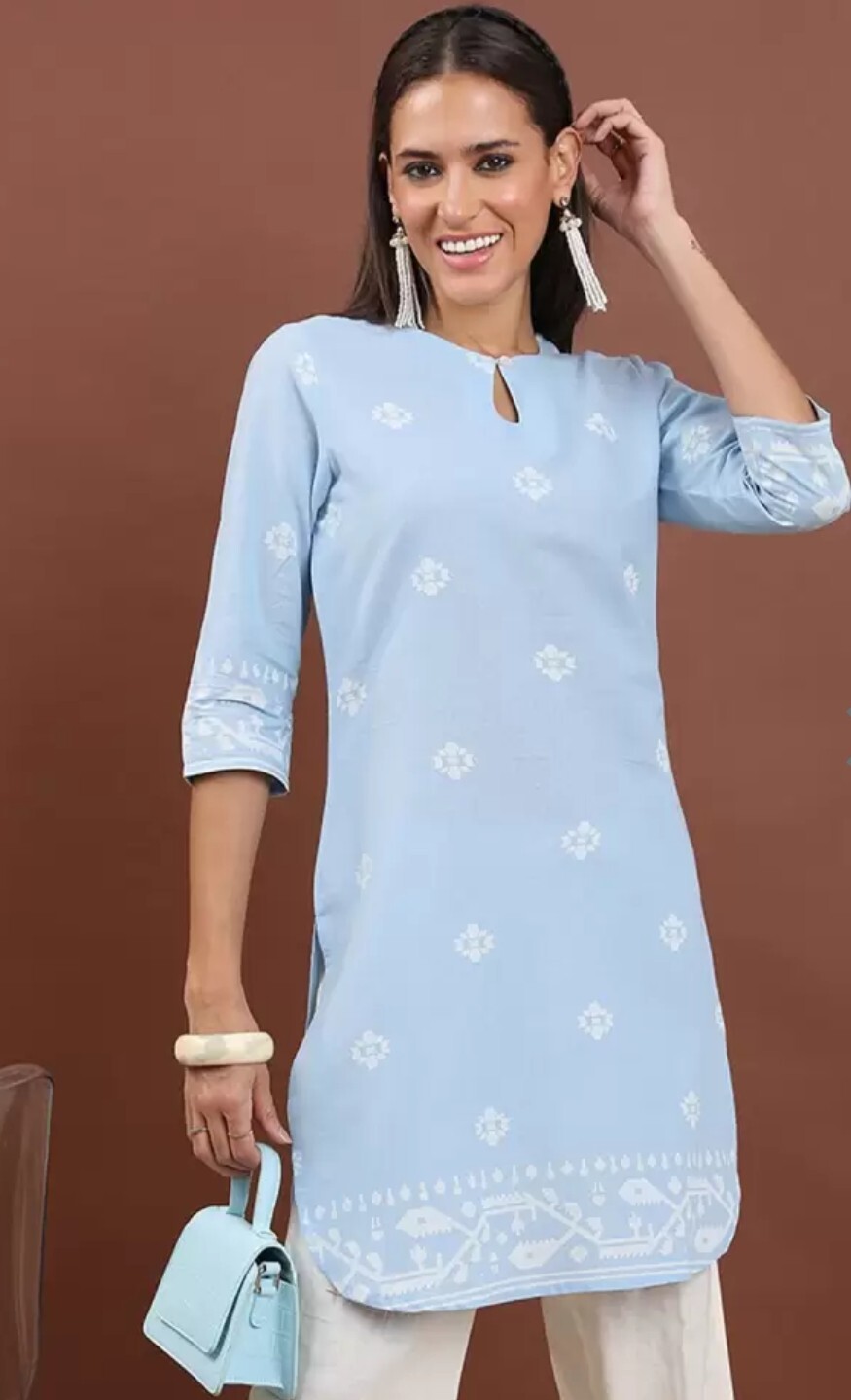 Women Indian Tunic Kurtis;Blue & White Ethnic Motifs Straight Cotton Tunic Kurti