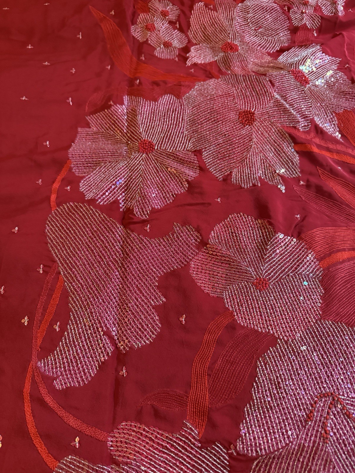 Red Silver silk Floral Sequin Embellished Saree with Blouse for Women Free Size