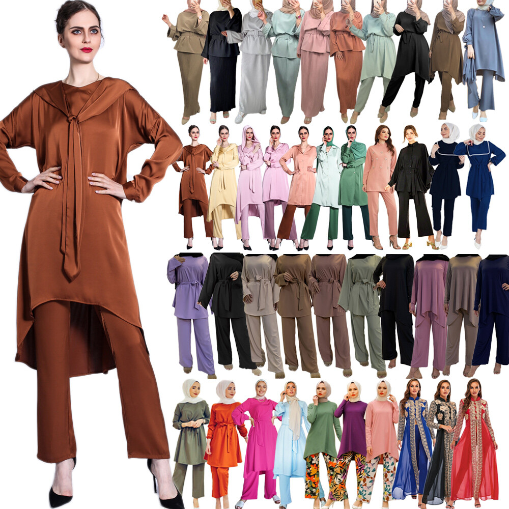 Muslim Women Abaya Set Two Piece Long Blouse Pants Kaftan Jilbab Islamic Clothes