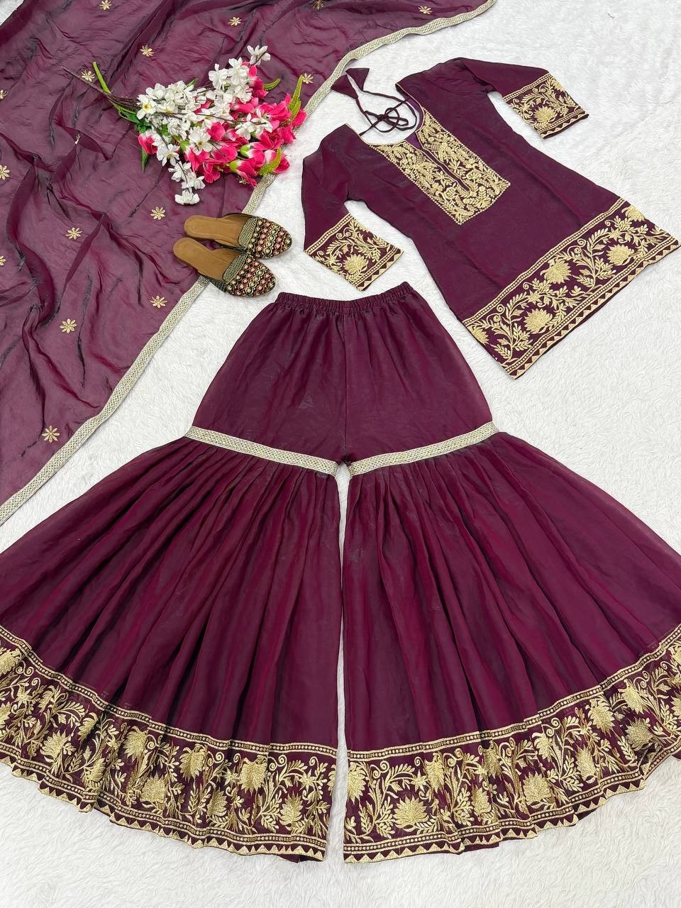 Stunning Look Maroon Silk Kurta Palazzo With Dupatta For Women & Girls
