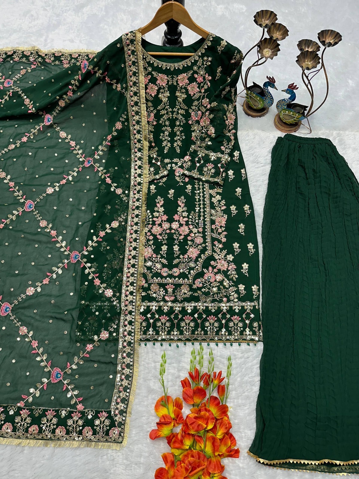 Stylish Heavy Faux Georgette Green Top Palazzo With Dupatta For Festival Wear