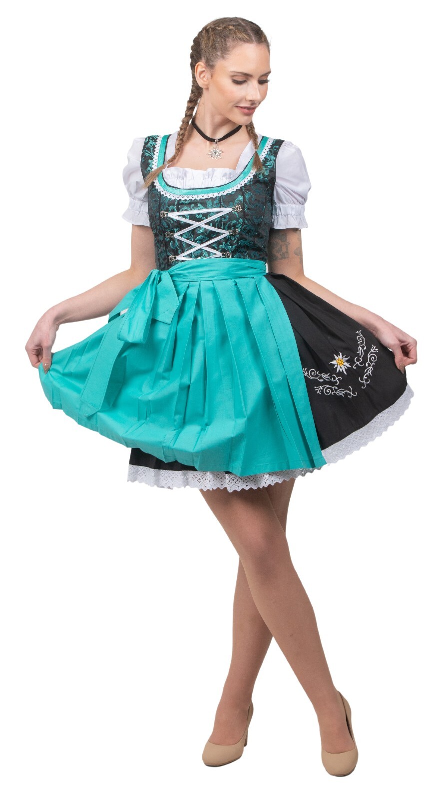 2 XS German Dirndl Dress + Apron + Top EMBROIDERED Oktoberfest LACE TRIM 3pc SET