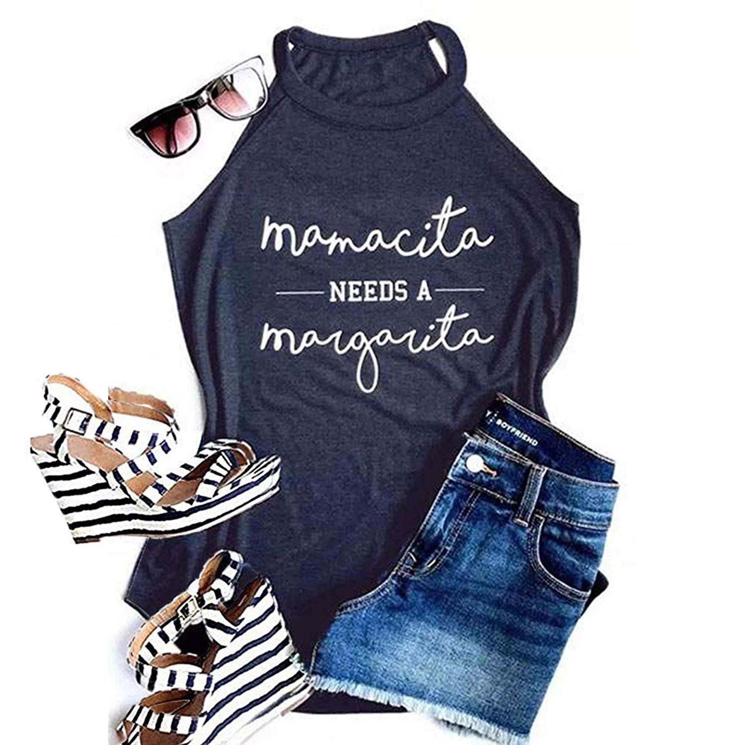 Mamacita Needs a Margarita Women Funny Shirts Workout Tops Graphic Beach Holi…