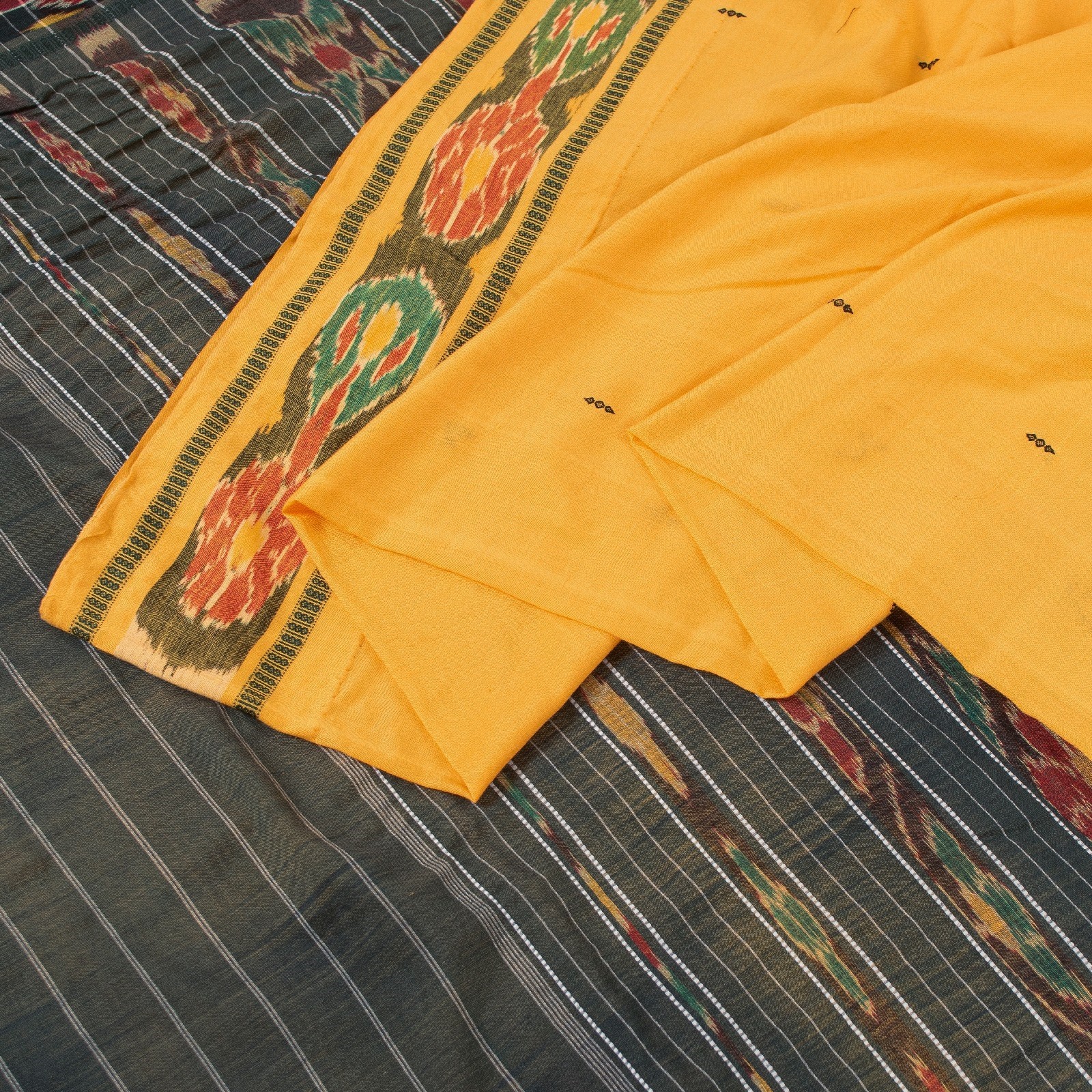 Sanskriti Vintage Yellow Ikat Hand Woven Sarees Blend Cotton Sari Craft Fabric