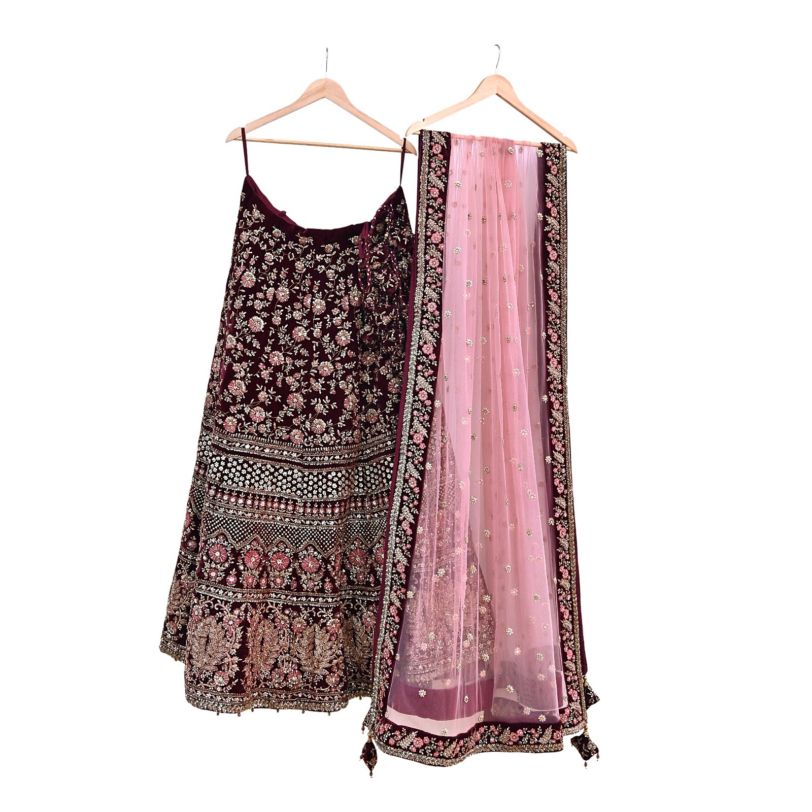 Indian Heavy maroon & pink Net/velvet Hand Embroidered Designer Lehenga 3pcs Set