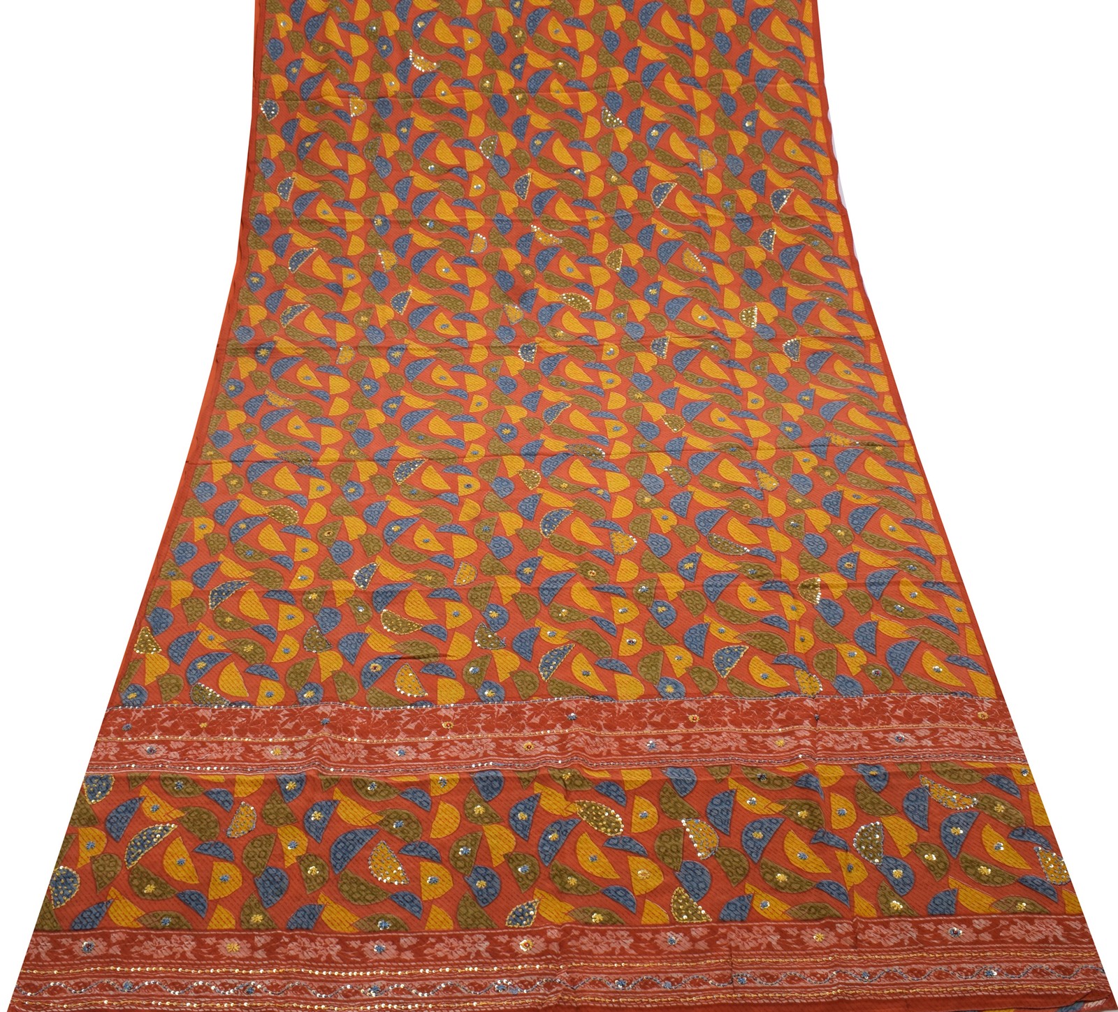 Sushila Vintage Multi-Color Saree Pure Crepe Hand Beaded & Printed Sari Fabric