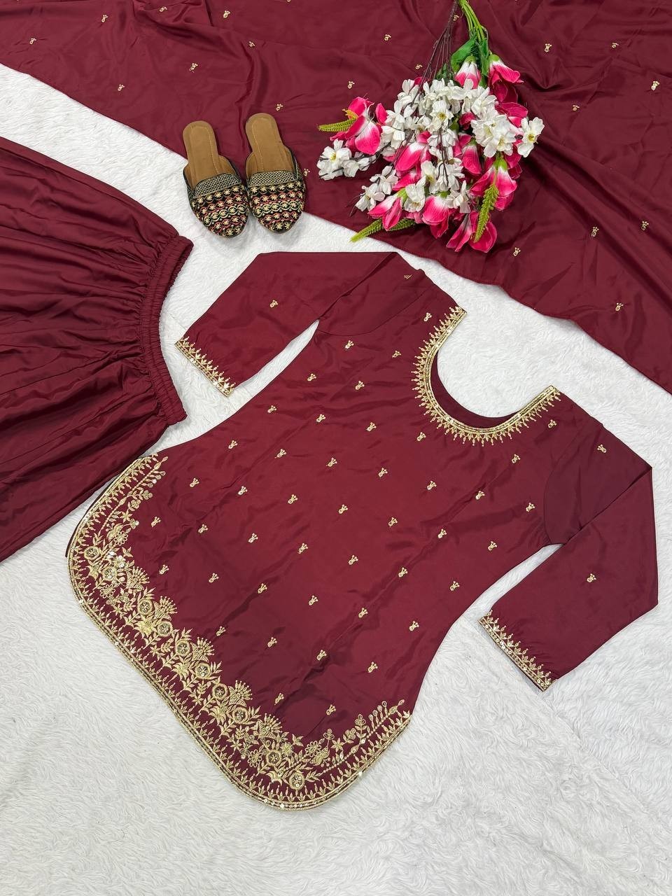 Latest Natural Crepe Silk Maroon Top Palazzo With Dupatta For Reception Wear