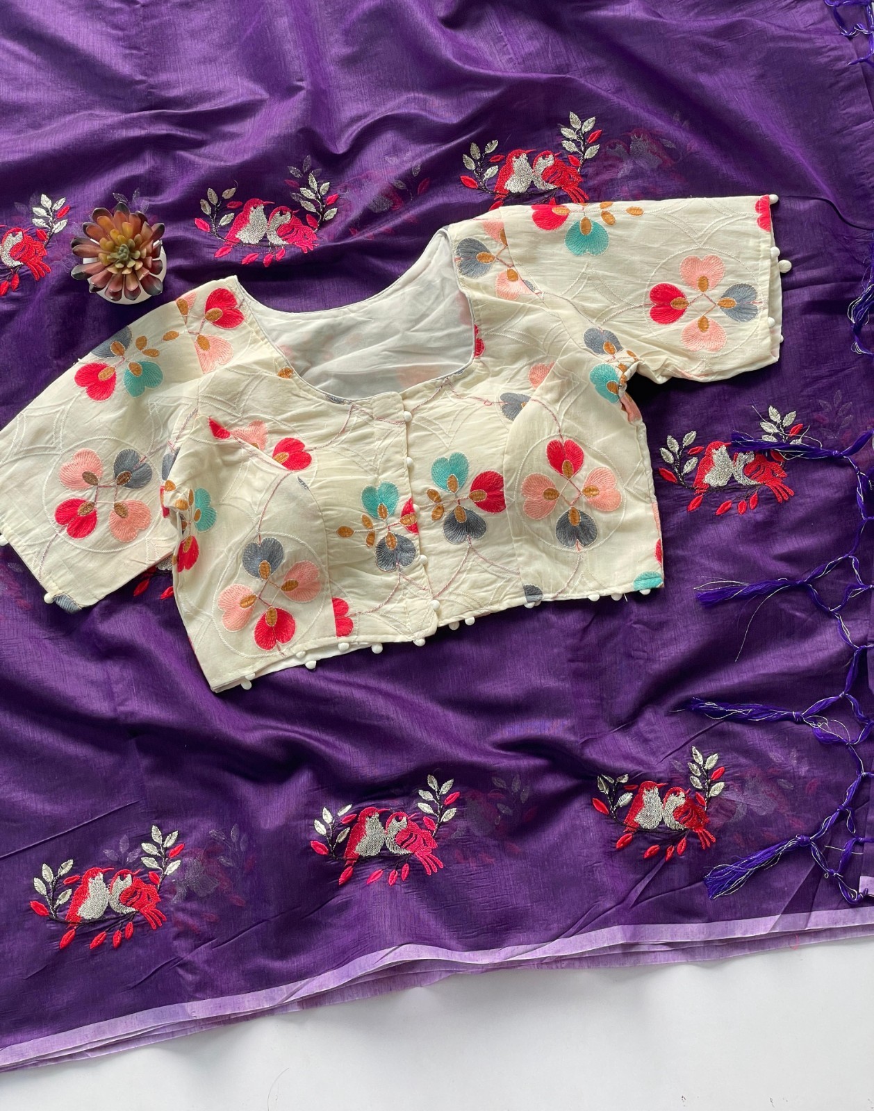 Chanderi Saree with Love Birds Work With Heavy Embroidered Full stitch Blouse.