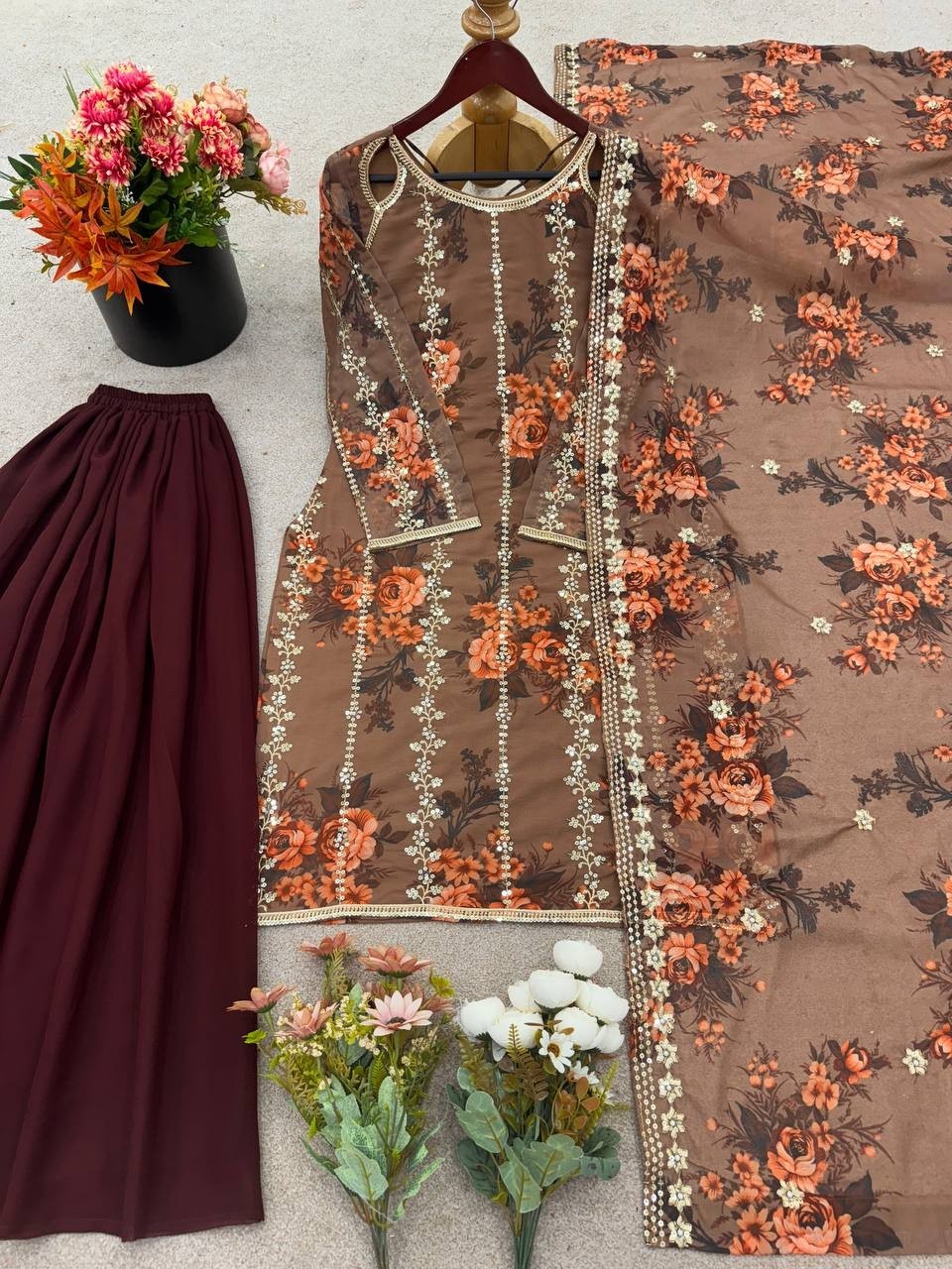 Georgette Embroidered Digital Print Gown–Plazzo Set With Rivet Moti Work