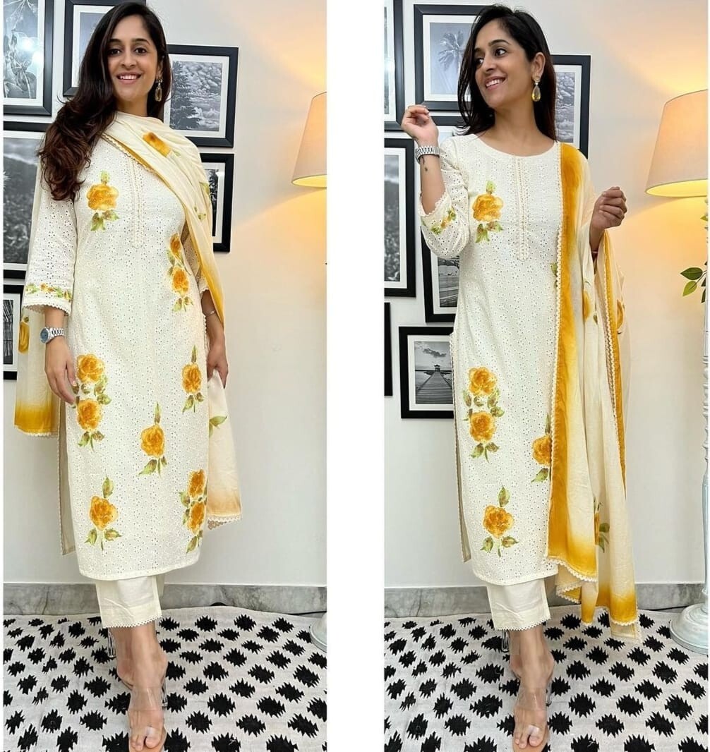 White Salwar Kameez Readymade Women Kurta Palazzo Dupatta Set Chikankari Kurtis
