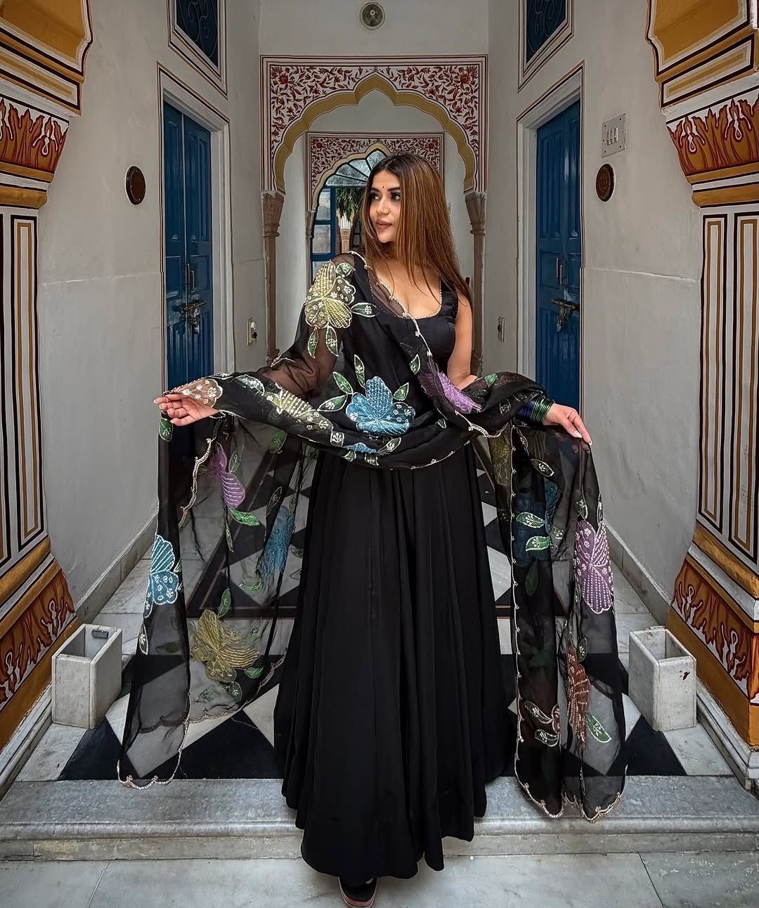 Readymade Natural Crep Black Ethnic Gown Bottom With Dupatta For Women & Girls