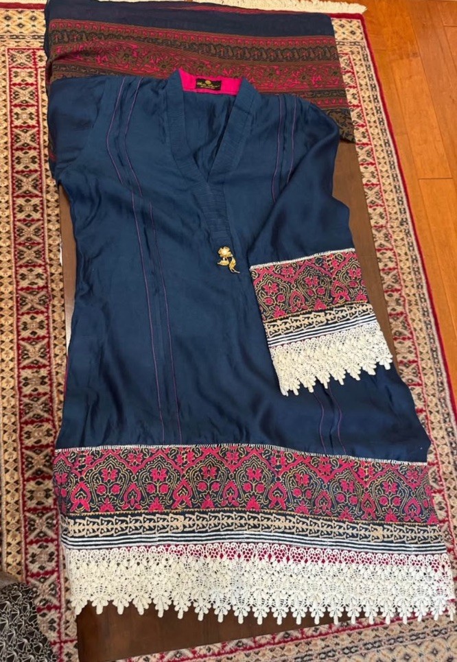 Aisha Imran Blue & Pink Salwar Kameez with Embroidered Dupatta & Lace – Size M