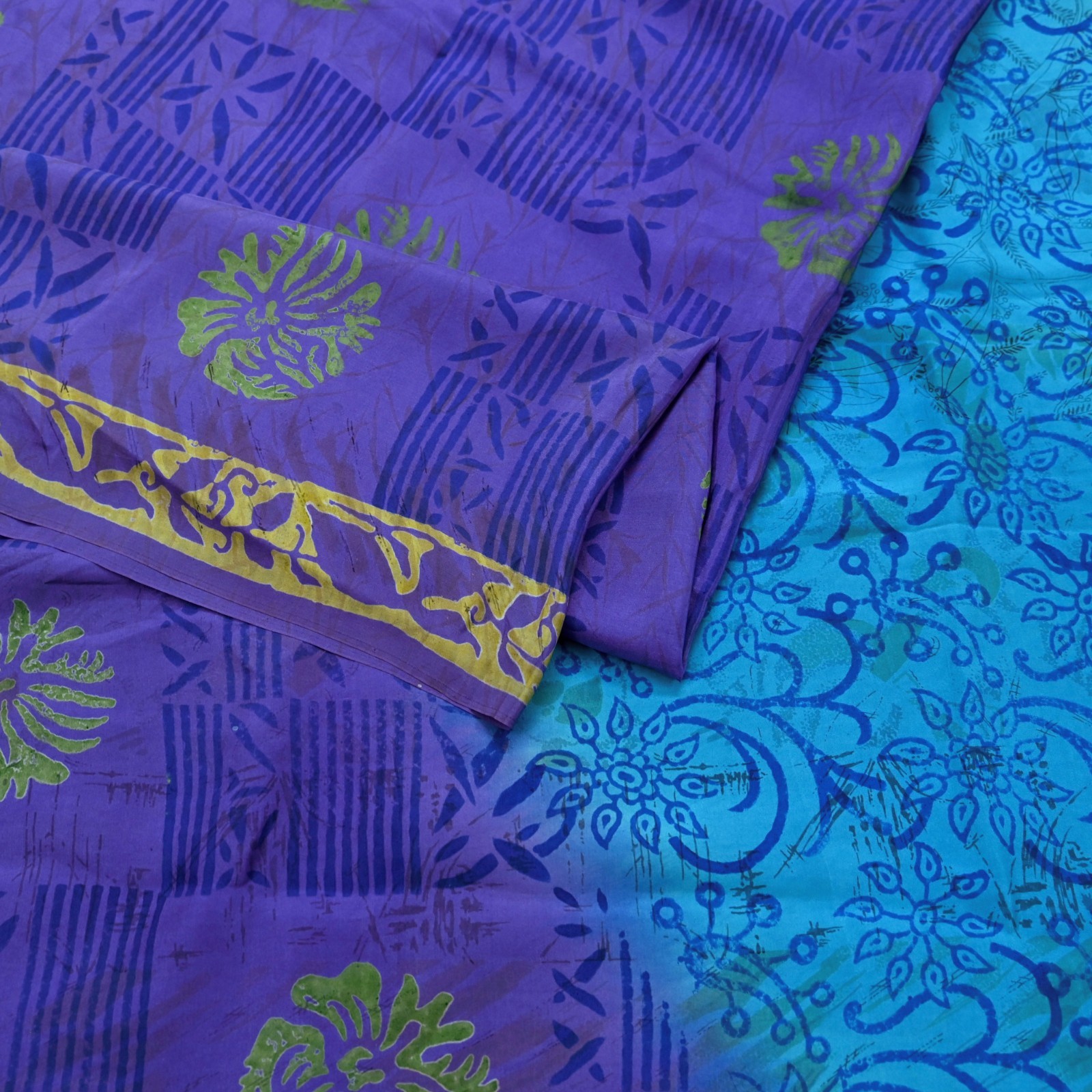Vintage Sari Purple & Blue Pure Silk Printed Saree 6yd Sewing Craft Fabric Soft