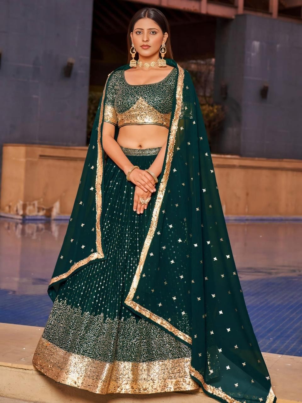 Designer Forest Green Georgette Lehenga Choli Zari Sequin Mirror Work Partywear