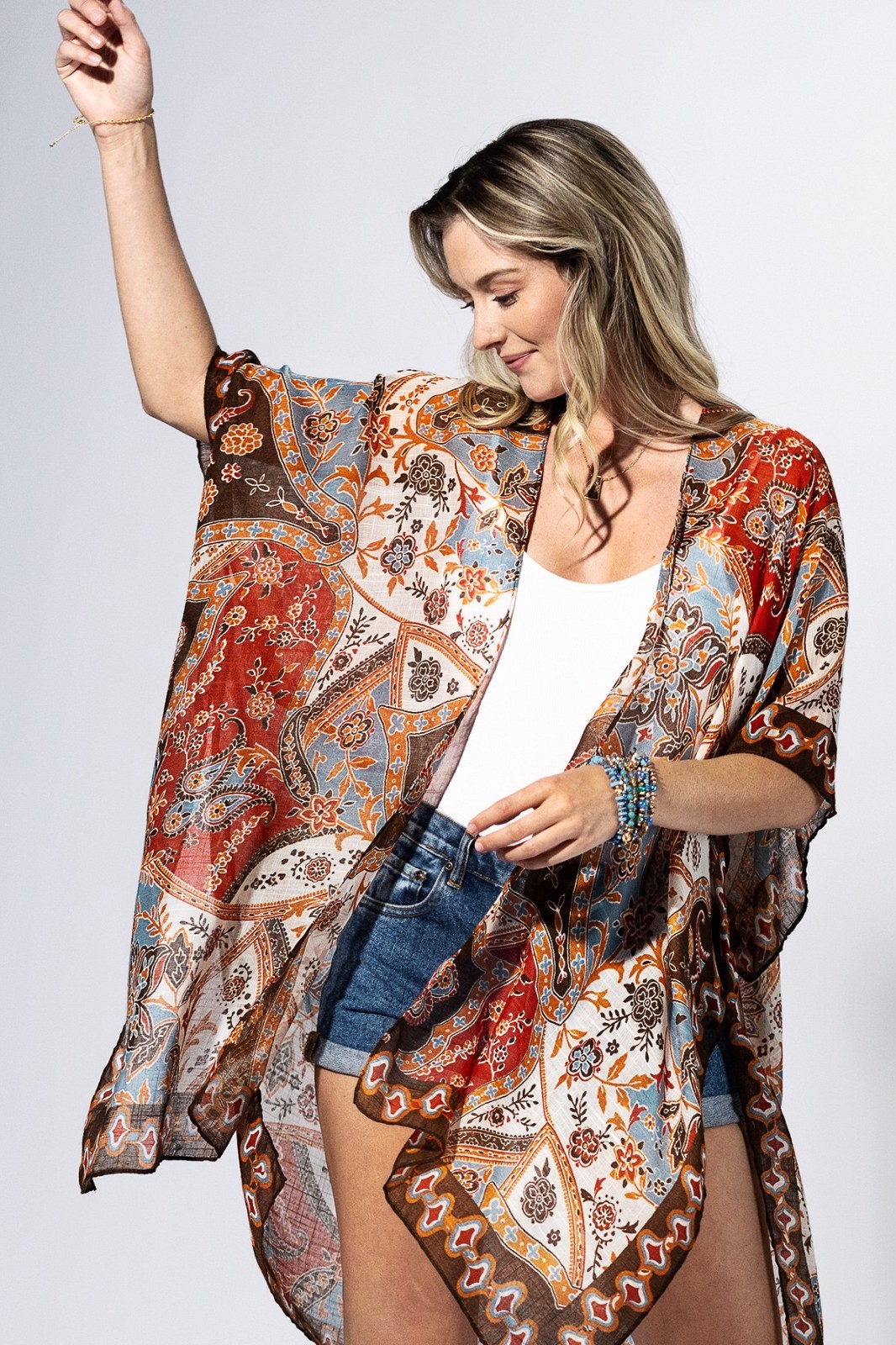 Boho Paisley Patchwork Hippie Retro Multi Color Kimono Wrap Top Plus Reg OS NWT