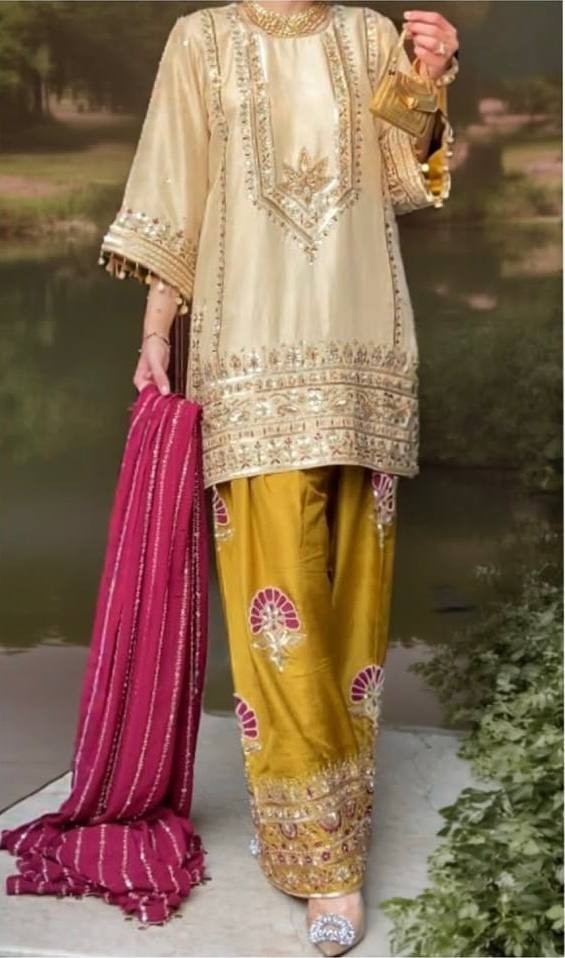 Unique Designer Silk Kurta Palazzo With Faux Georgette Dupatta For Women