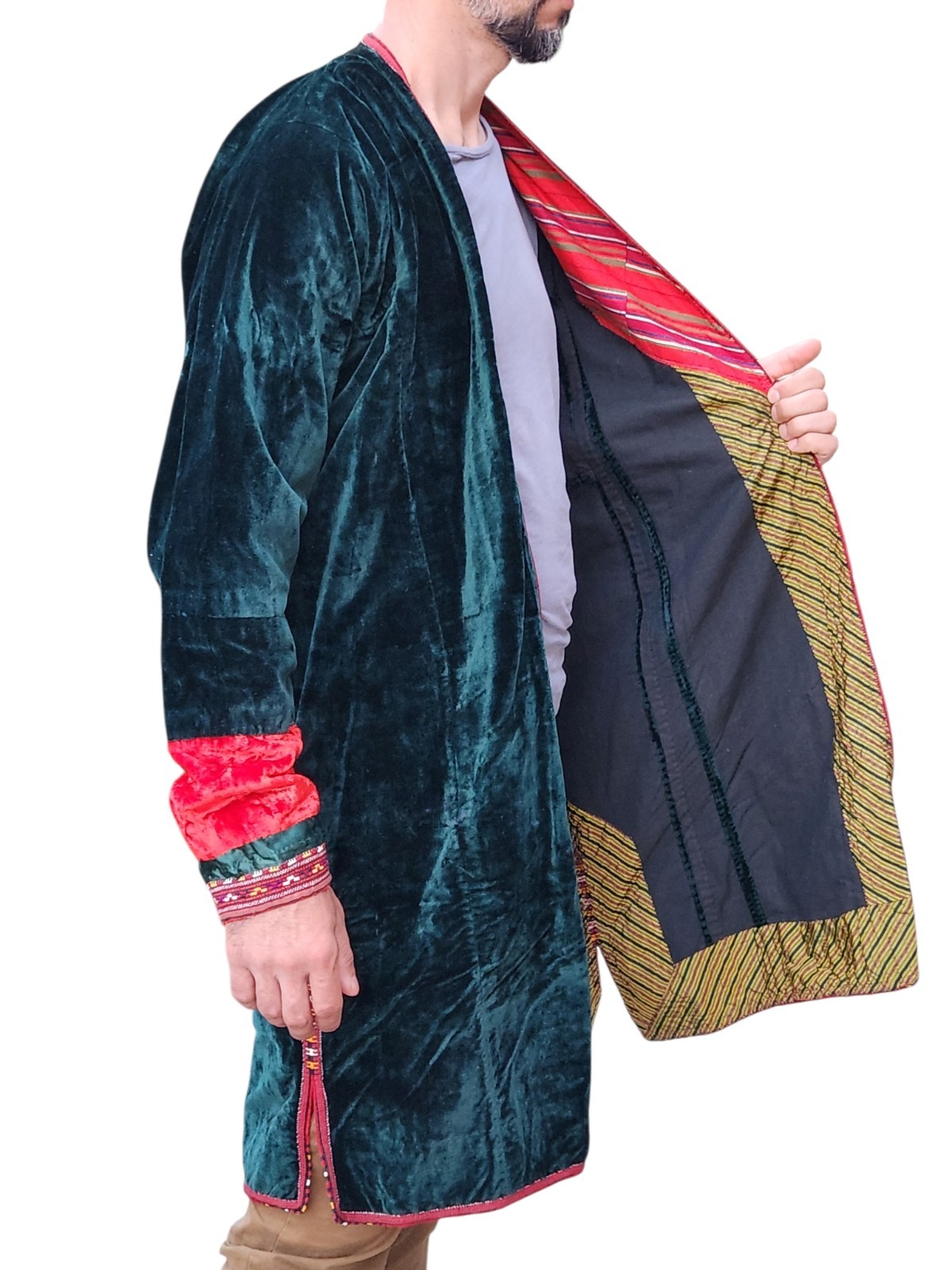 Vintage Turkmen Velvet Green Red Embroidered Chapan, Kaftan Robe (M/L ?)