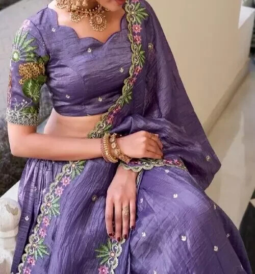 Premium Designer Lavender Gold Crush Lehenga Choli With Dupatta For Women