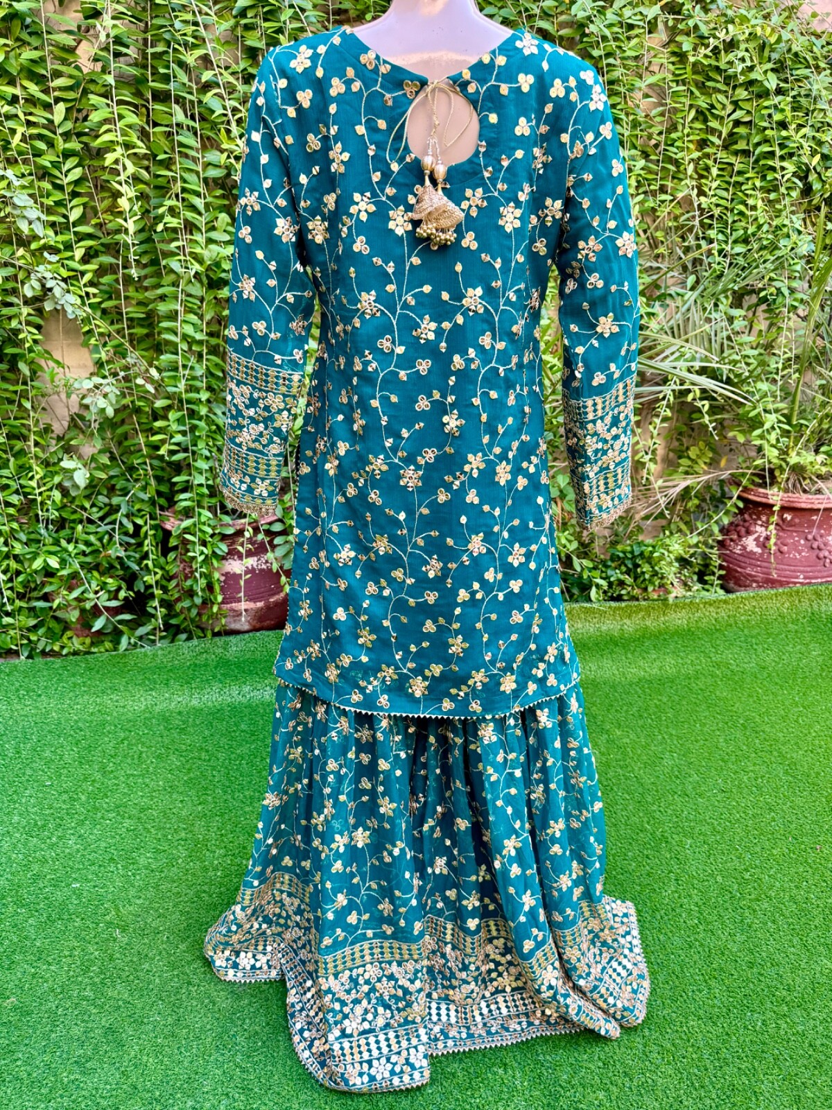 Pakistani Teal Straight Style Embroidered Sequins Chiffon Gharara Dress,L