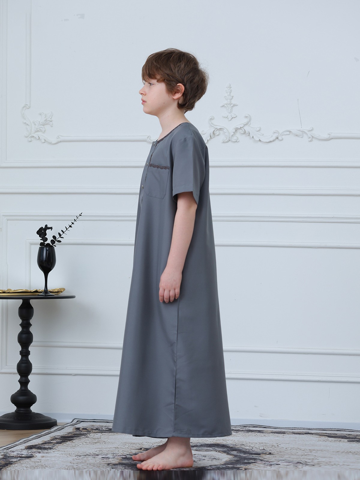 Saudi Arab Boys Thobe Jubba Long Sleeve Abaya Coat Simple Button Daily Wear Eid