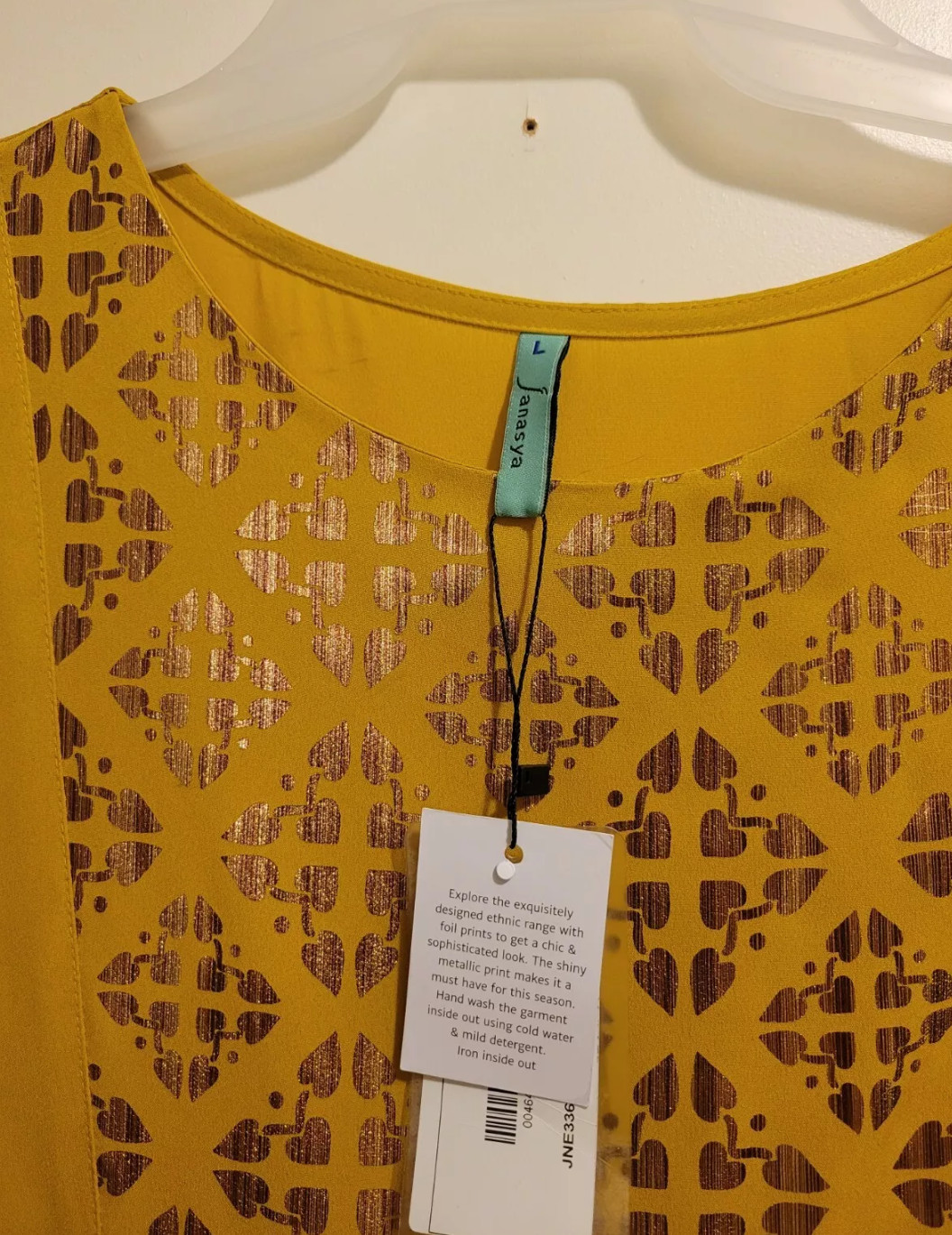 Janasya Indian Round Neck Half Sleeve Gold Print Mustard Poly Crepe Kurta