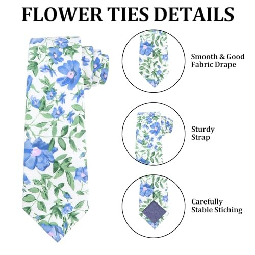 Easter Ties for Men Blue Floral Ties, Flower Tie Cotton Spring Tie Floral Ink