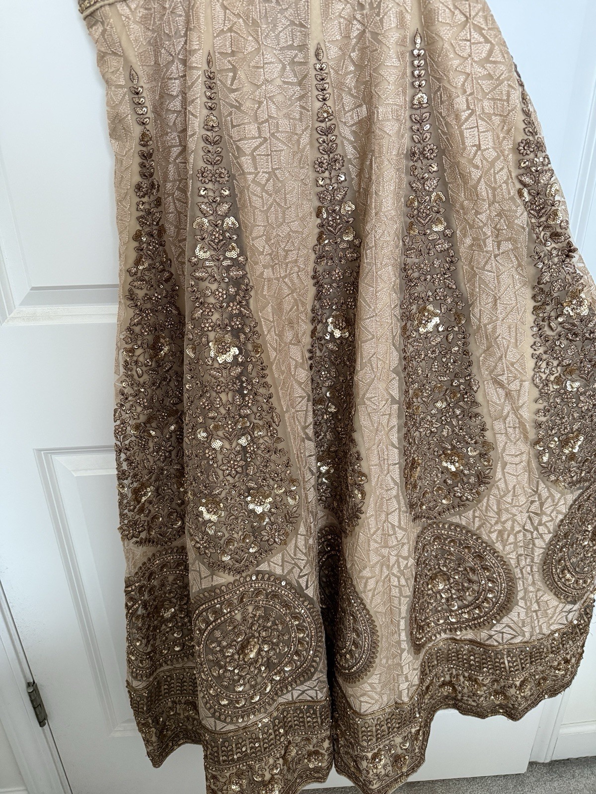 Beige Indian lehenga set Net Sequin Embroidered Set with Skirt Blouse Dupatta.