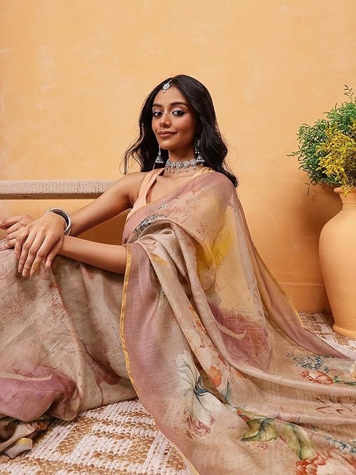 Beige Floral Print Cotton Blend Saree with Unstitched Blouse Festival Party Wear