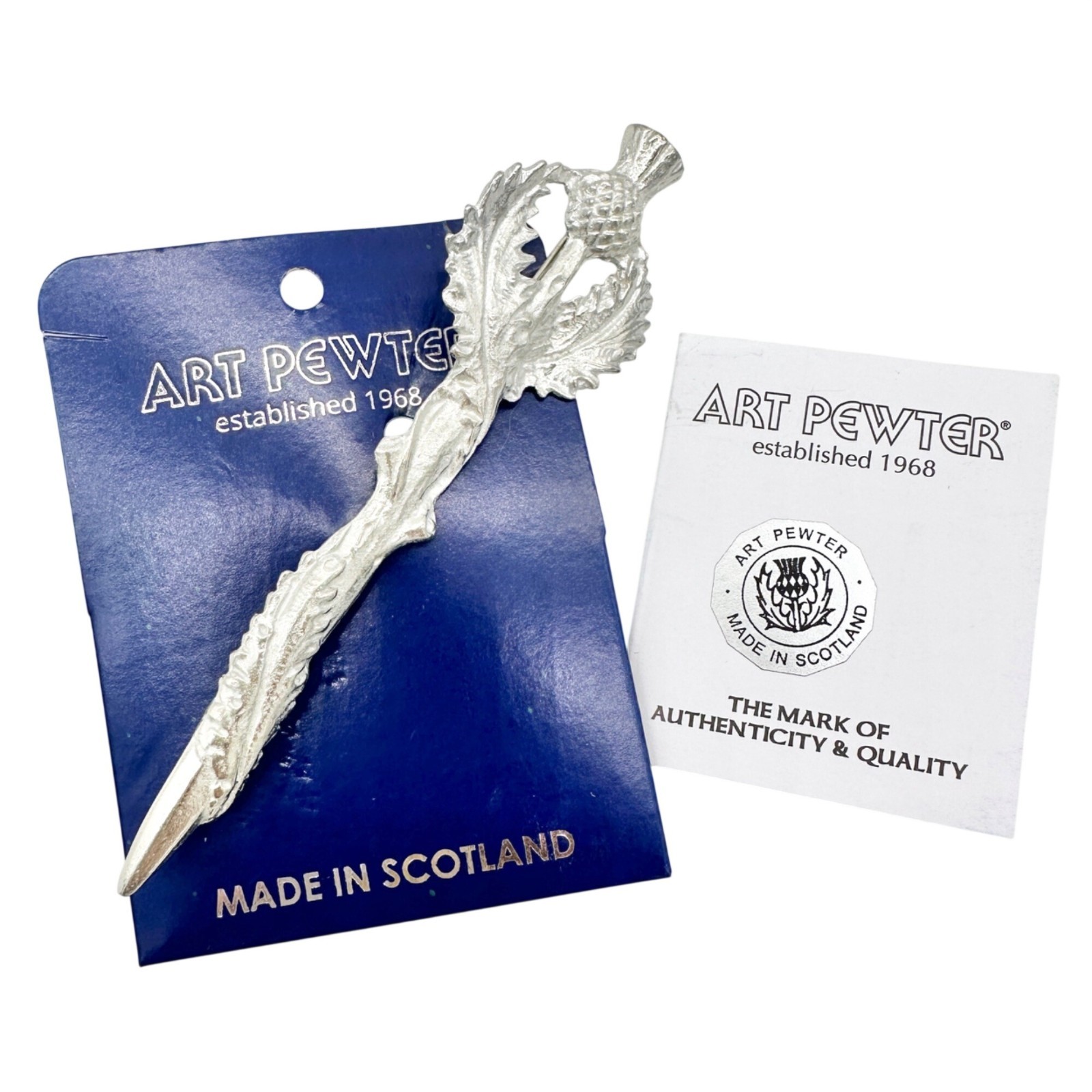 Art Pewter Thistle Kilt Pin Brooch 4 inch long Silver Finish Made In Scotland