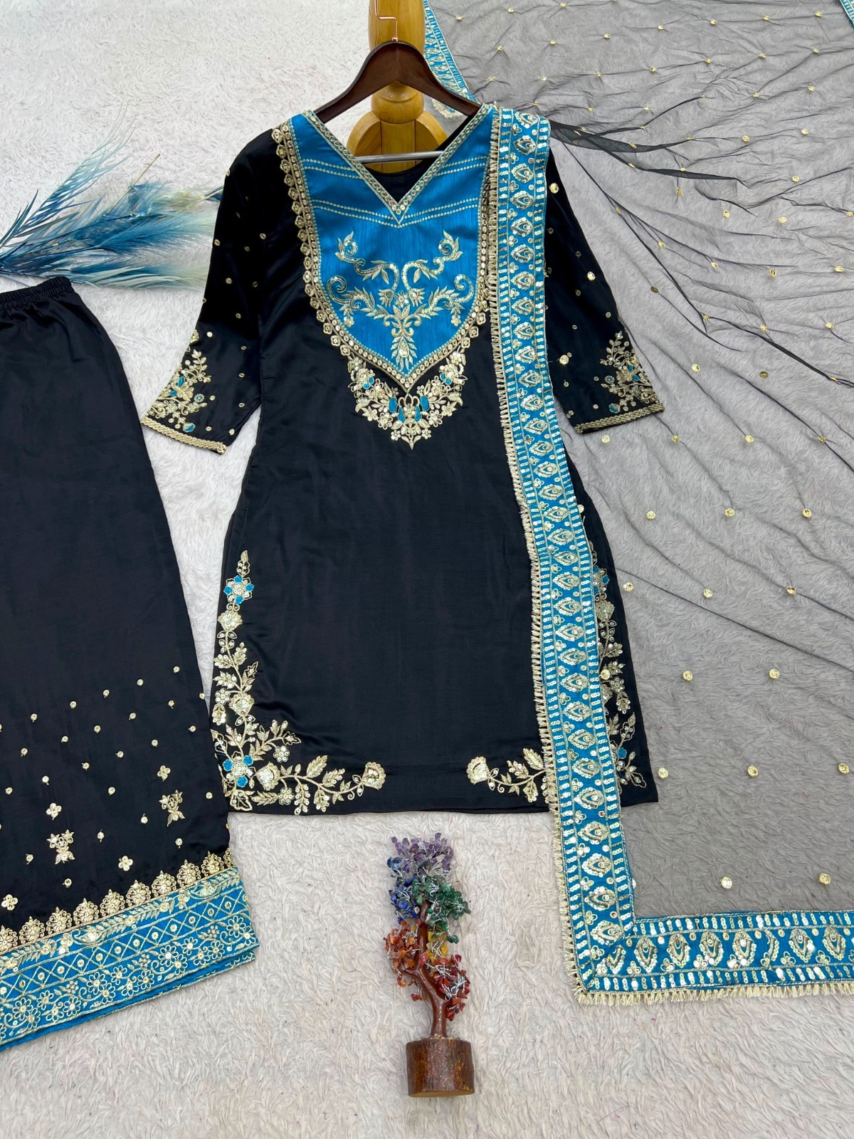 Black Designer Salwar Kameez Palazzo Dupatta Set Embroidered Party Wear Suit