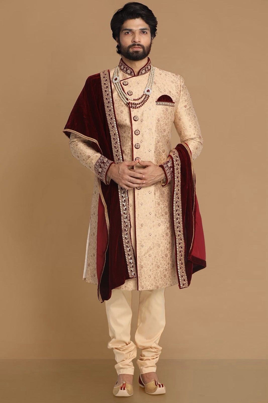 Men’s Beige Embroidered Sherwani Brocade Silk Blend w/ Maroon Dupatta