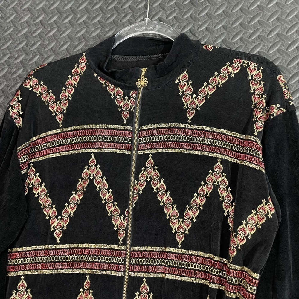 Vintage Geometric Pattern Black Silk Blend Made In Korea Full Zip Light Jacket L