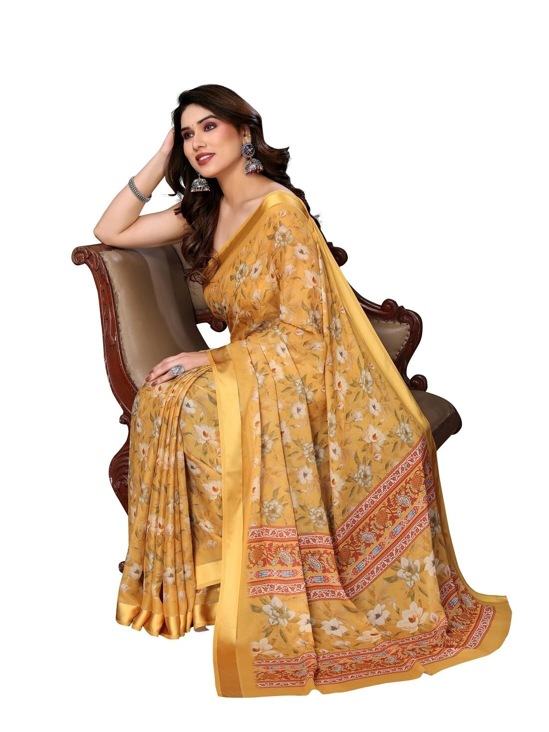 Women’s Floral Digital Printed Bright Moss Silk Sarees