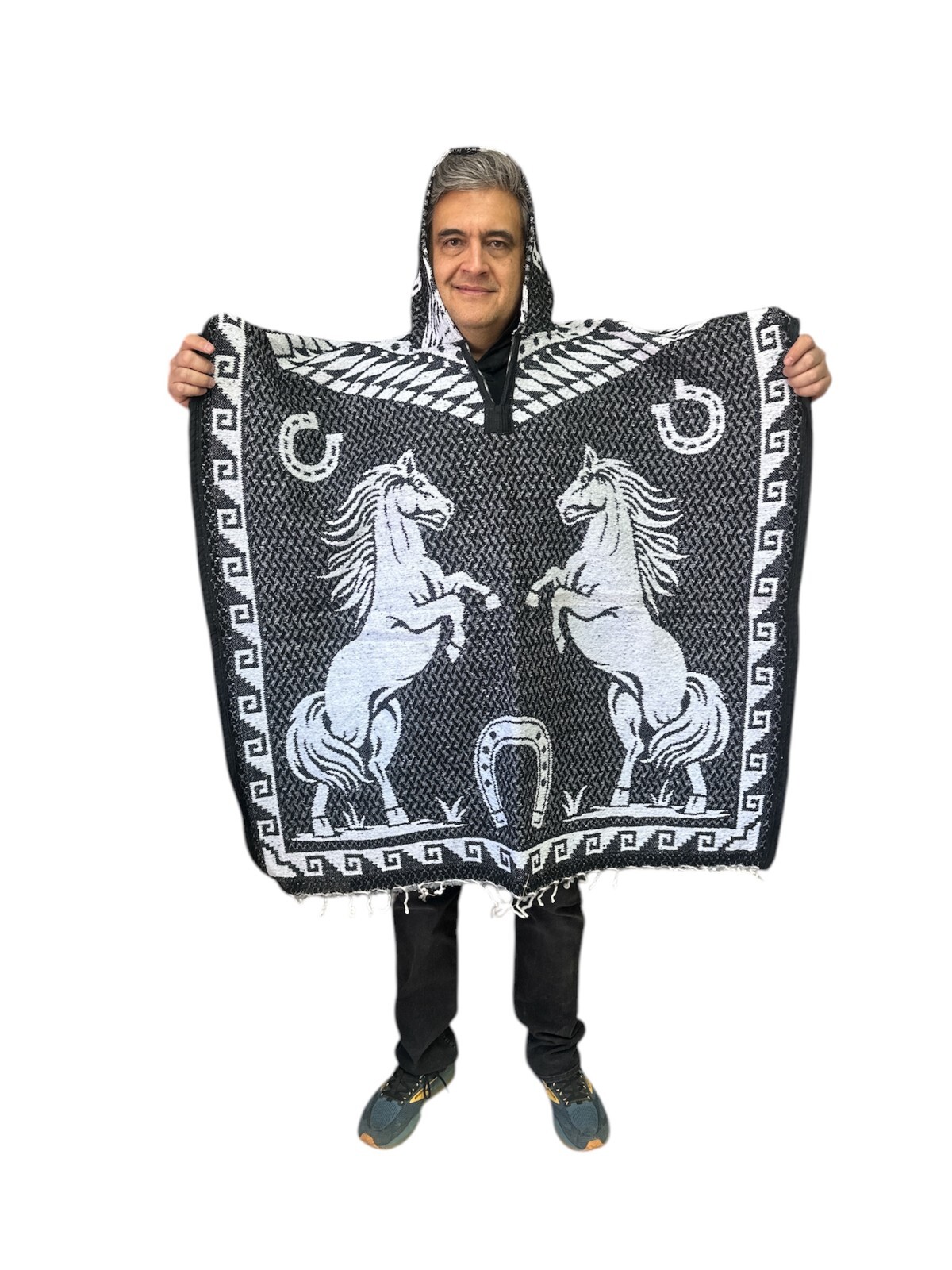 MEXICAN PONCHO WITH HOOD , HORSE PONCHO , BLANKET , ONE SIZE , BLACK & WHITE