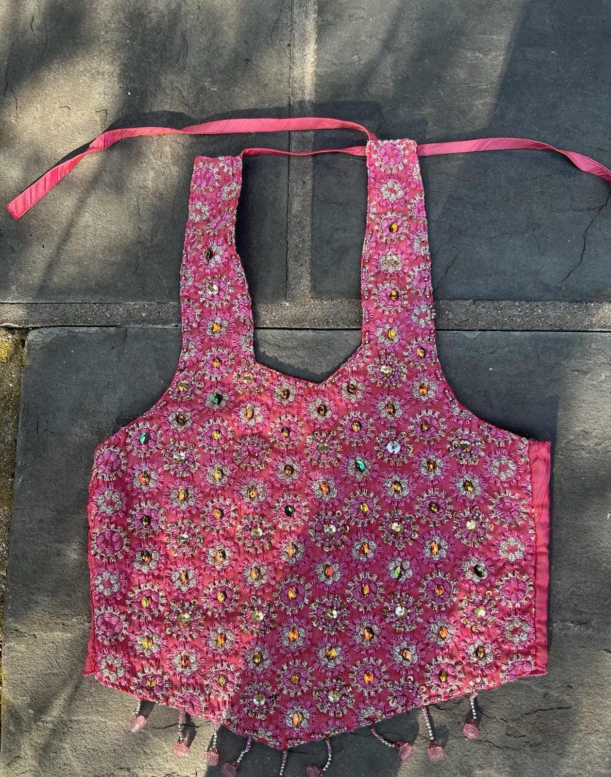 Women’s Vintage Pink Floral Embroidered Choli Blouse Top Tie Back One Size