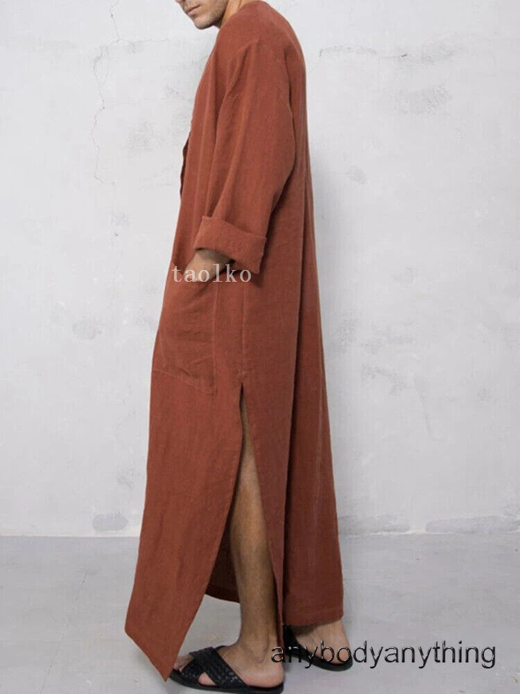 Mens Cotton Muslim Clothing Long Sleeve Islamic Saudi Arab Kaftan Robe Loose Fit