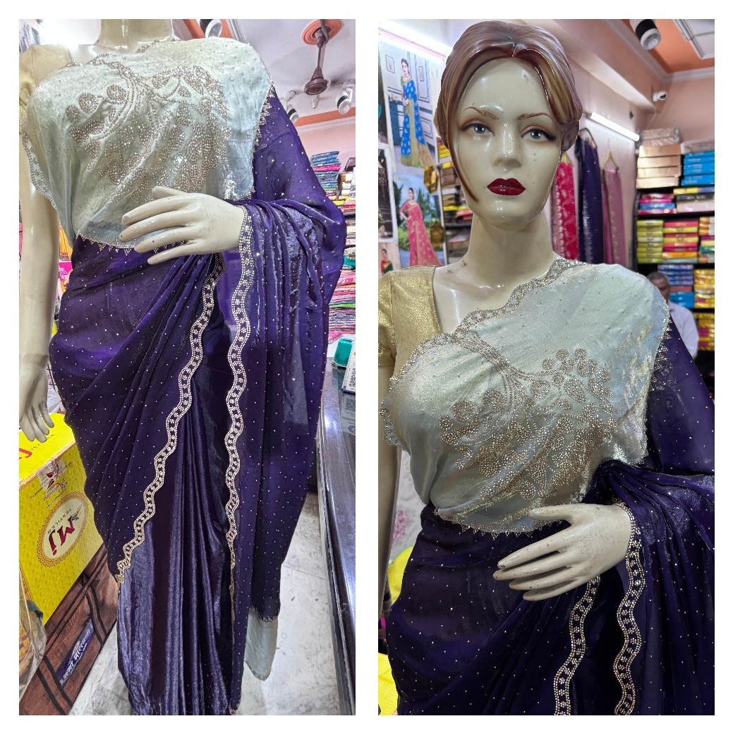 Glossy Satin Fendi Sworski diamond Work Saree