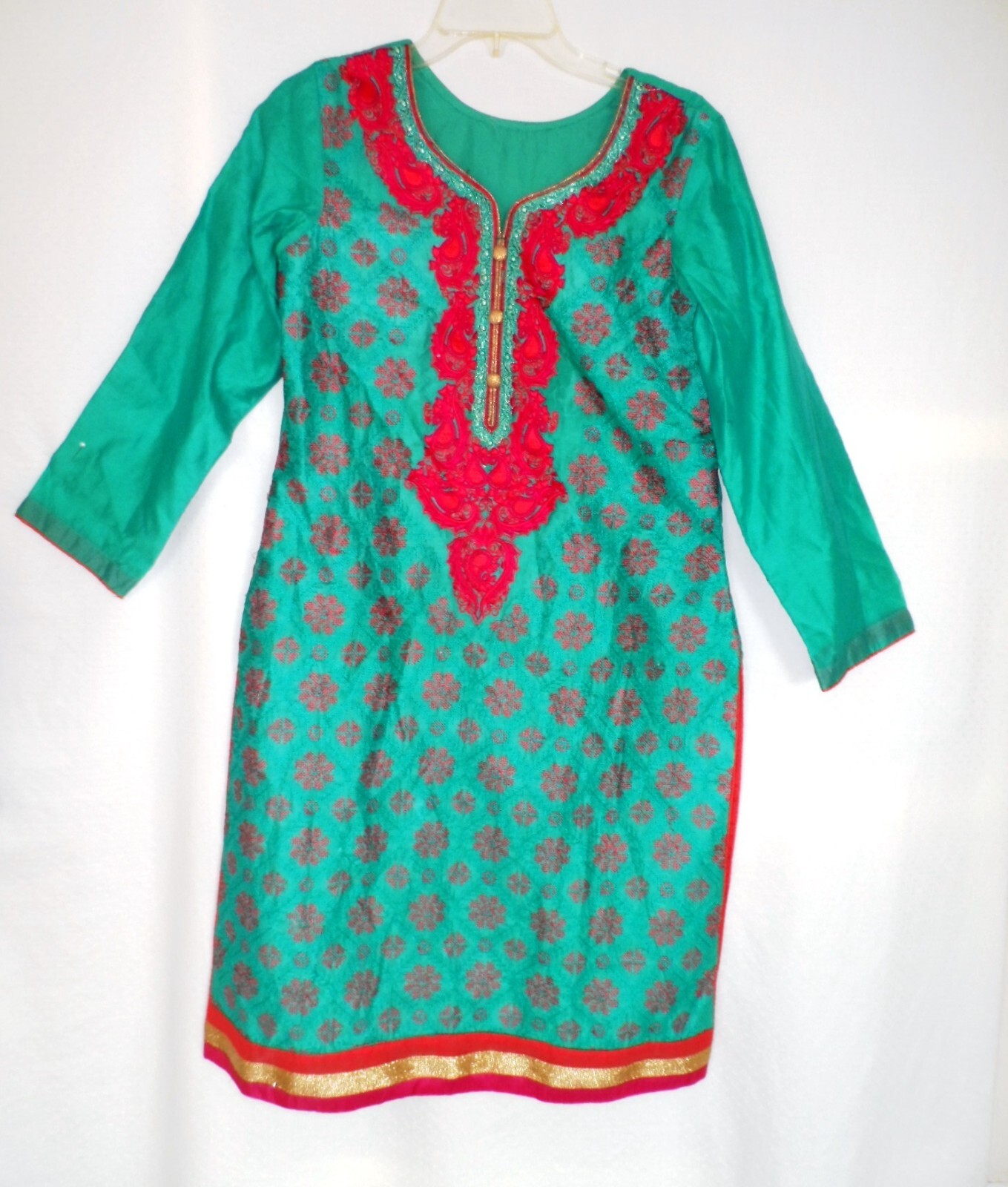 Gray Green Embroidered Cotton Kameez Tunic Kurta Kurti Dress Top Woman Size L