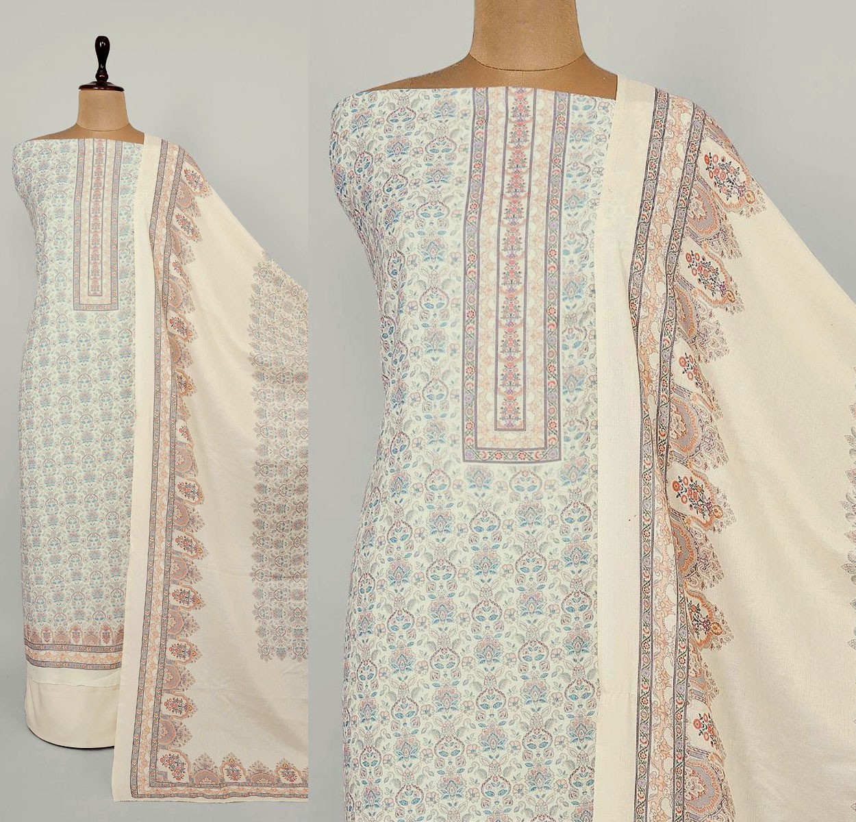 EGG WHITE KASHMIRI KANI STYLE PRINTED WOOL INDIAN SALWAR KAMEEZ SHAWL SUIT SNJ