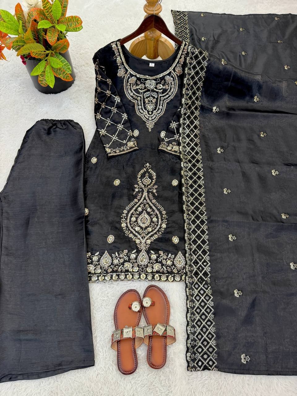 New Designer Silk Kurta Palazzo With Soft Net Dupatta For Party Wear