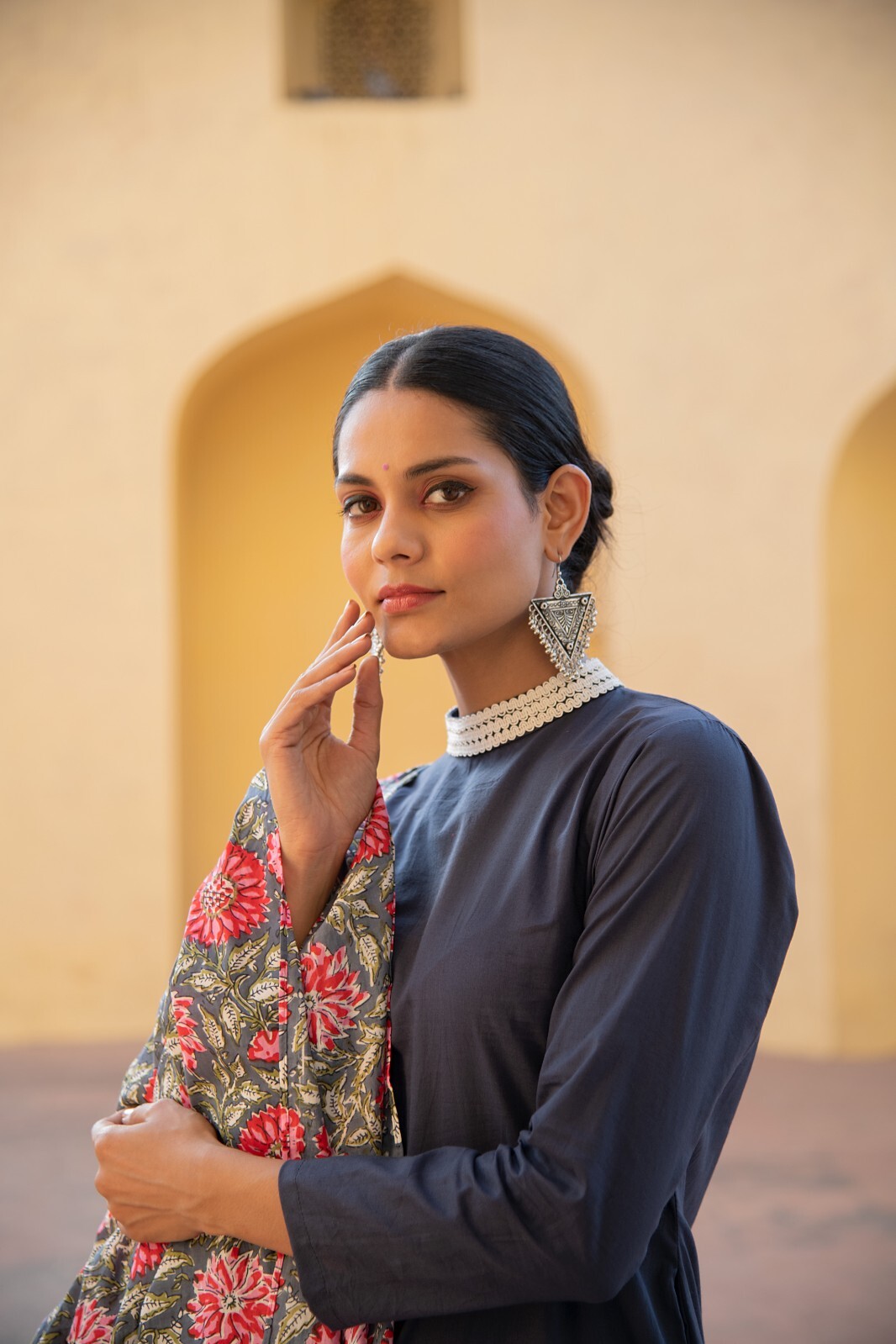 Blue Pansy High Neck Lace Detailing Kurta Set with Handblock Floral Print Dupatt