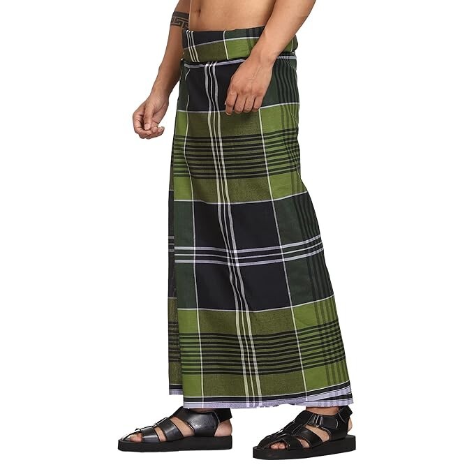 Cotton Stitched Lungi Pack of 2 ( Blue/Green ) Size: 2.25Meter
