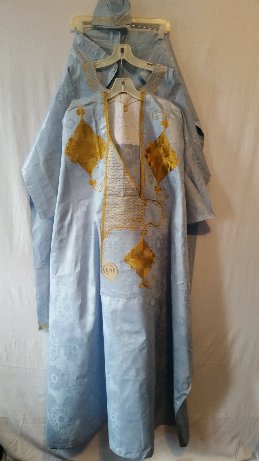 Men Grand Boubou Pant Suit With Hat African Brocade Light Blue Free Size