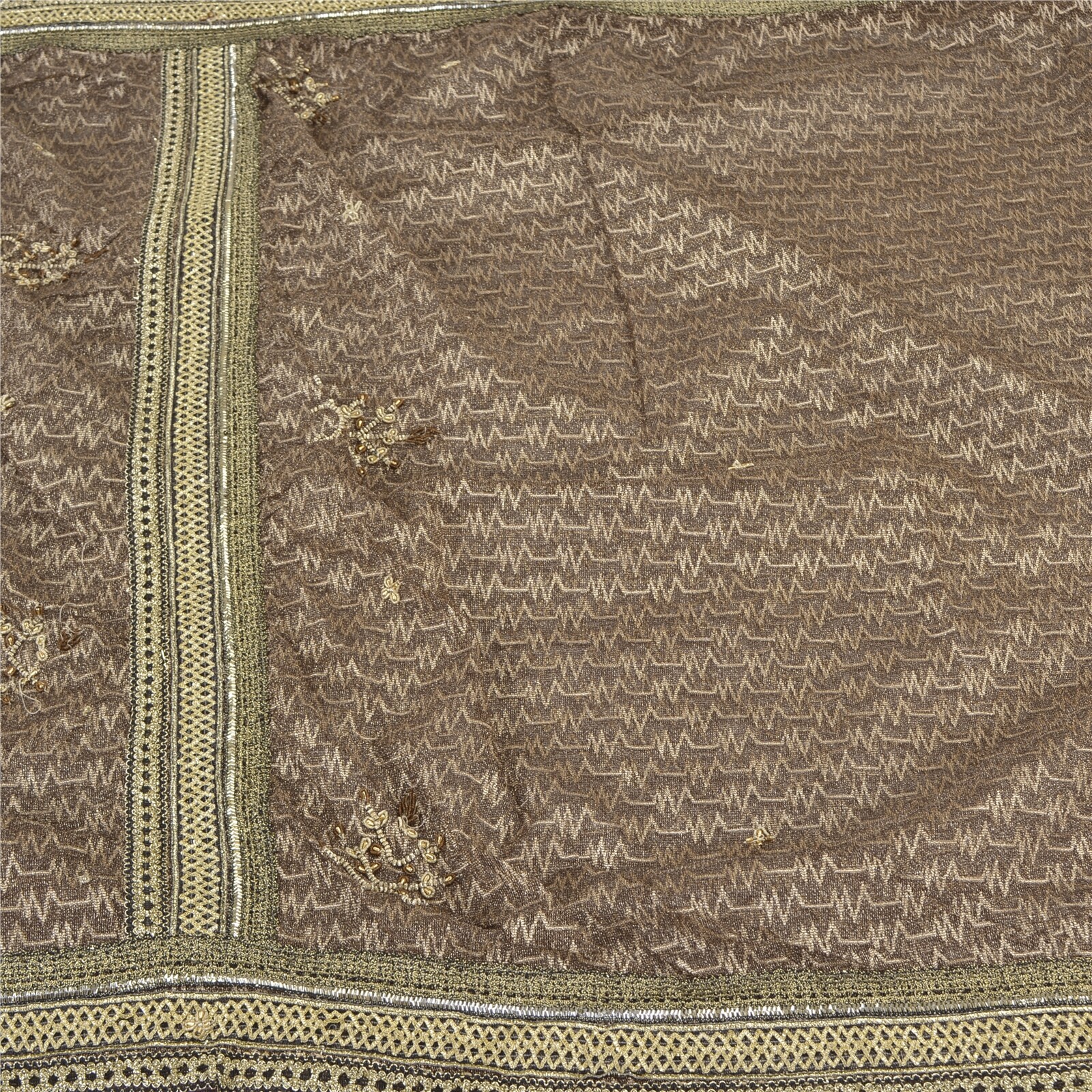 Sanskriti Vintage Brown Saree Net Mesh Hand Beaded Woven Fabric Sari