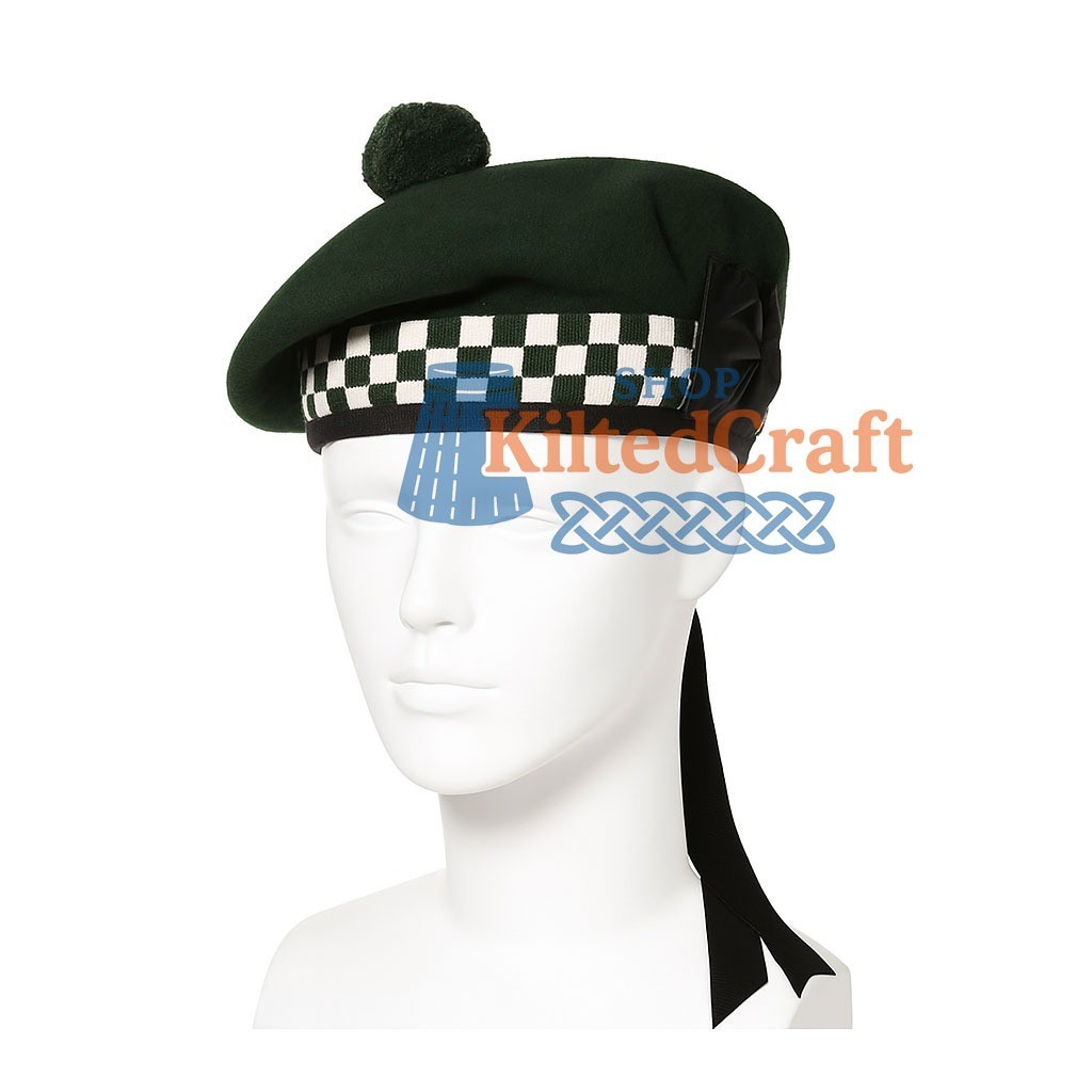 Scottish Piper Balmoral Bonnet – Dark Green Wool Hat with Black & White Dicing a