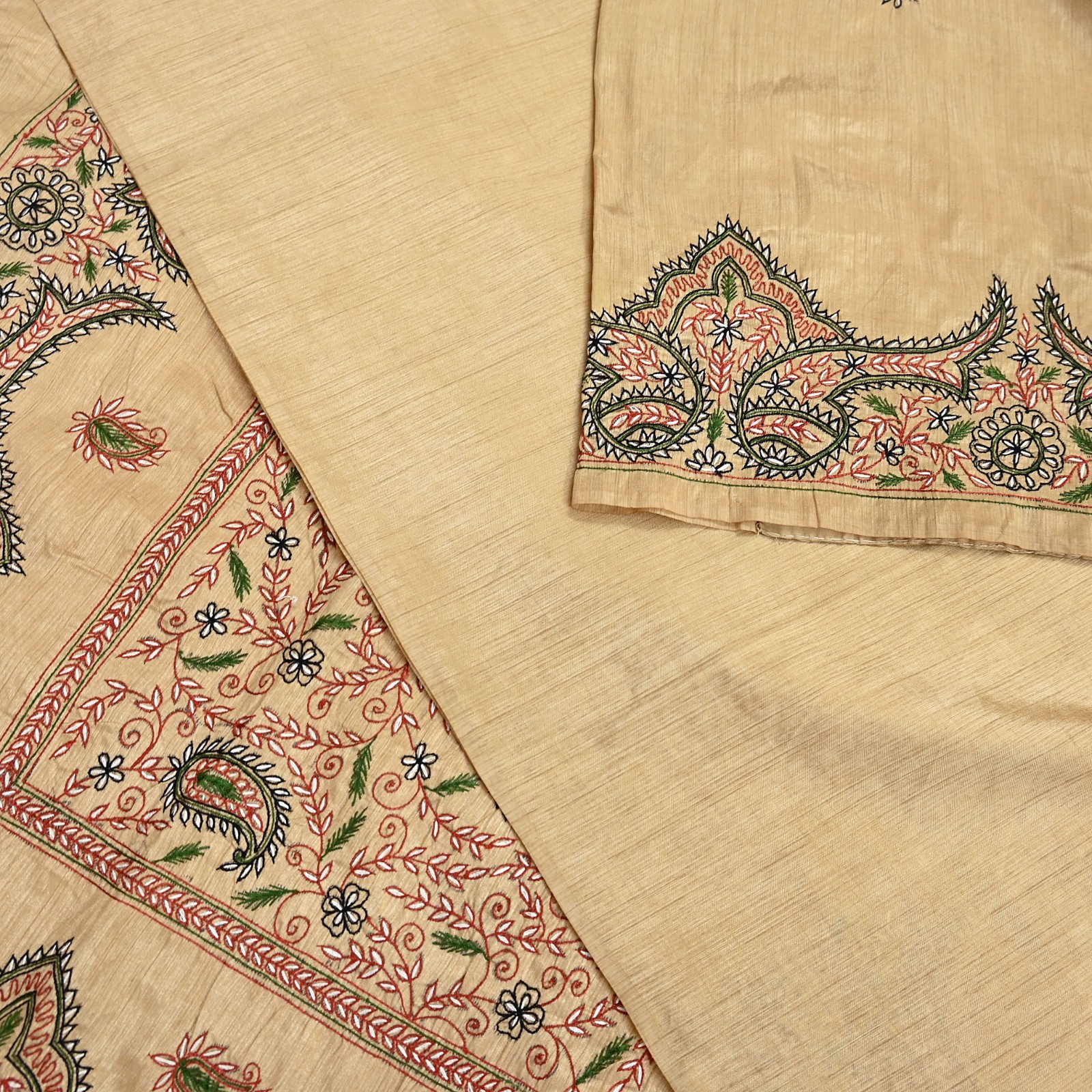 Indian Vintage Sari Beige Artificial Silk Hand Embroidered Sarees Craft Fabric 5