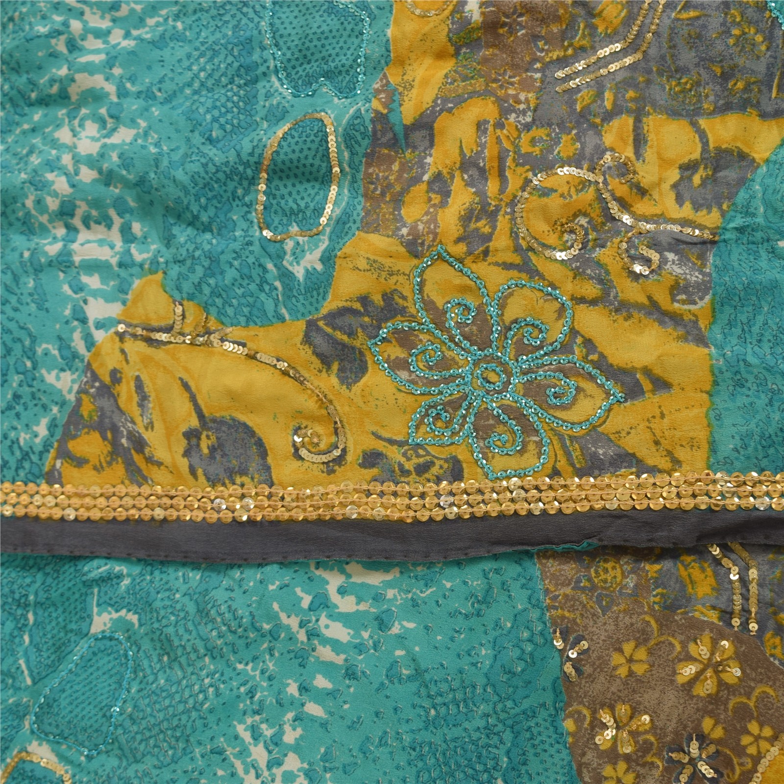 Sanskriti Vintage Sarees Blue & Yellow Pure Crepe Print Embroidered Sari Fabric