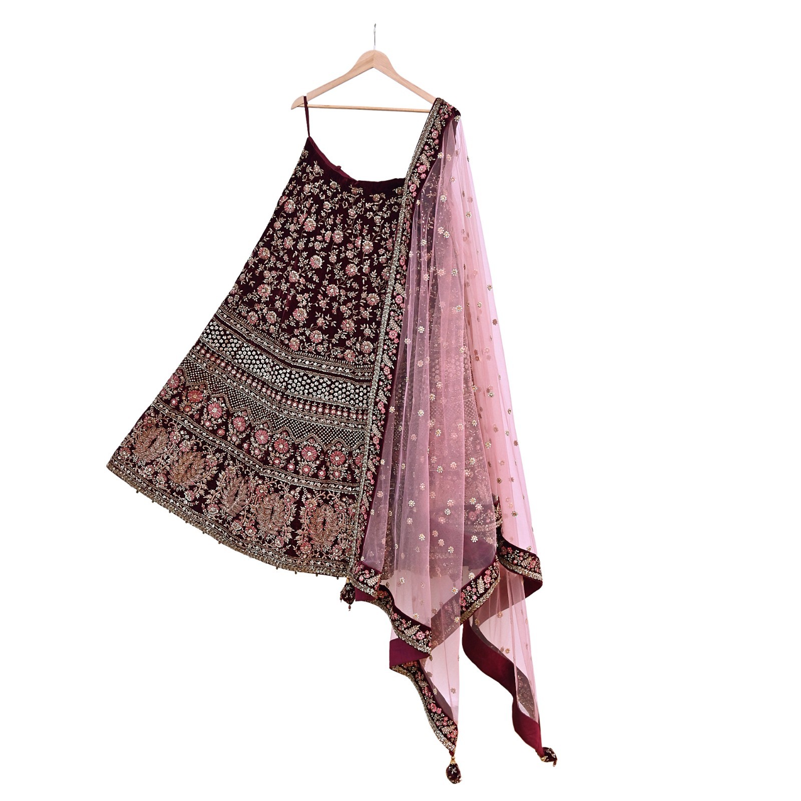 Indian Heavy maroon & pink Net/velvet Hand Embroidered Designer Lehenga 3pcs Set