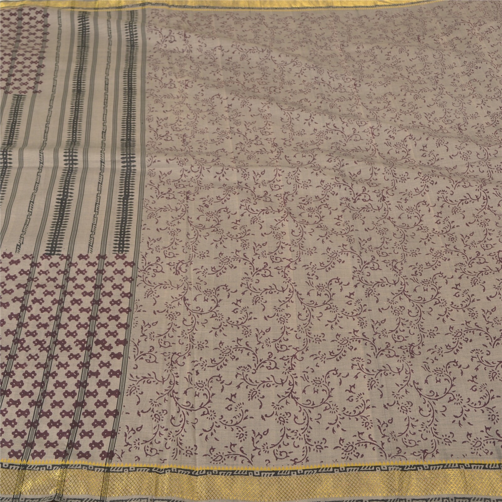 Sanskriti Vintage Grey Indian Sarees Blend Silk Hand-Block Printed Sari Fabric