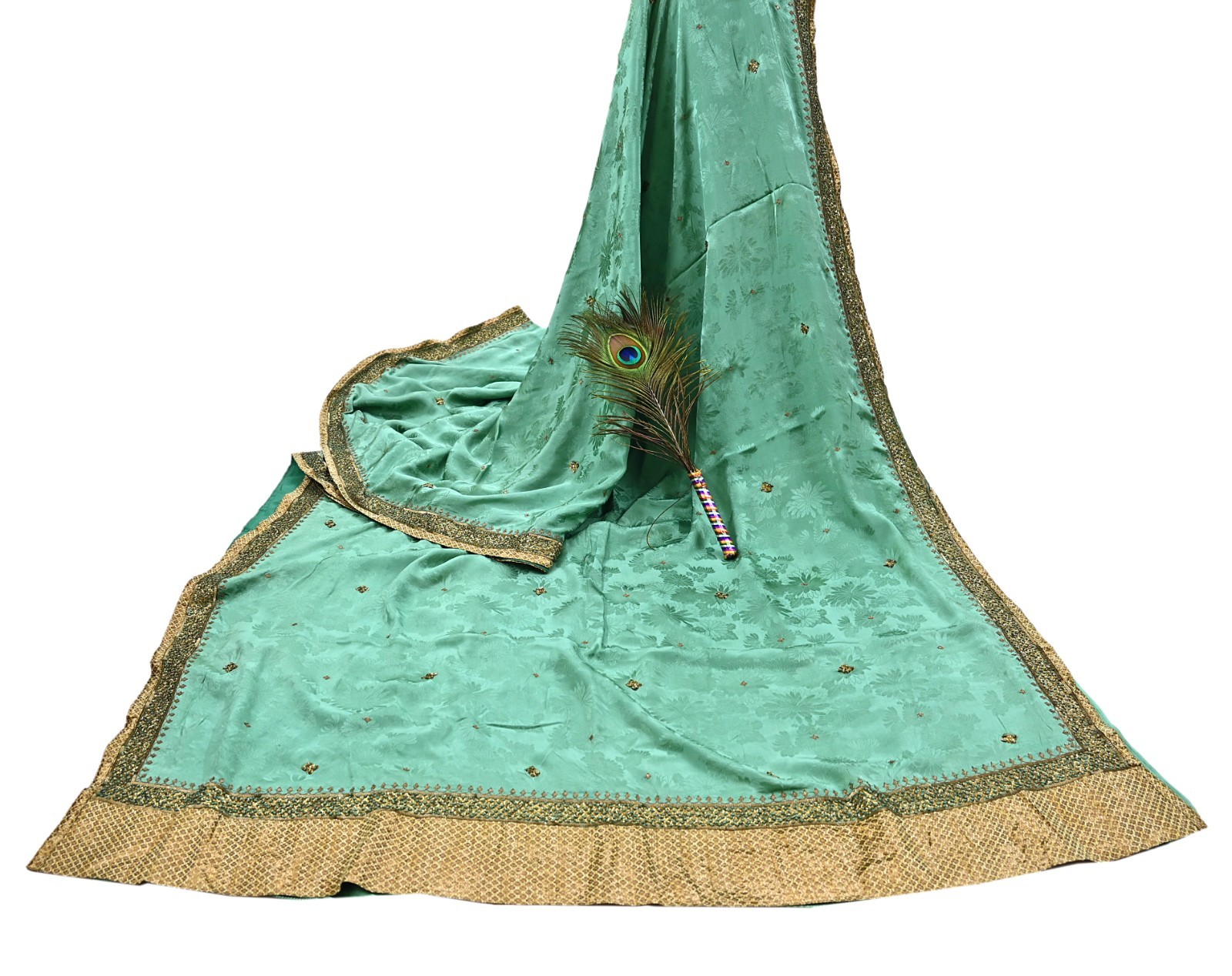 Indian Vintage Heavy Sari Sage Green Pure Crepe Silk Hand Embroidered Sarees 6yd